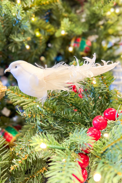 Curly Feather Bird with Clip 6" White Iridescent Assorted