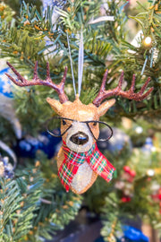 Glittered Reindeer with Glasses Ornament