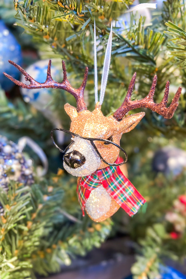 Glittered Reindeer with Glasses Ornament