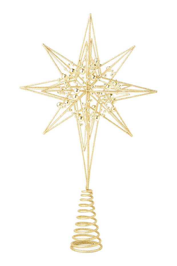 Gold Glittered Wire Tree Topper with Gold Bead Garland Trim