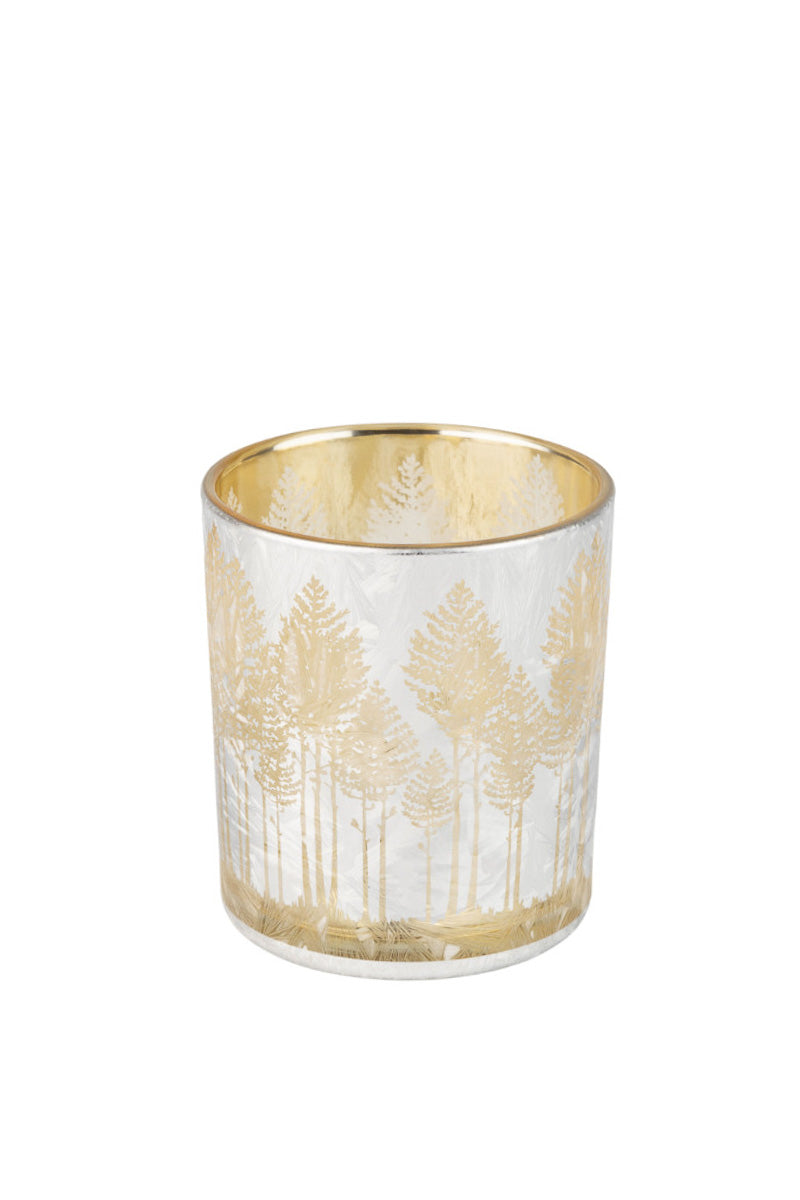 Gold Interior Glass T-Light Holder Frosted Silver with Tall Gold Pine Trees