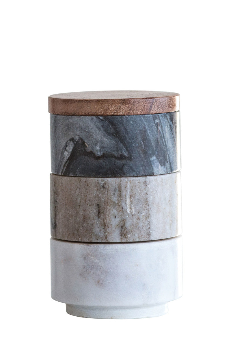 Creative Co-Op Stacking Pinch Pots with Wood Lid Set of 3