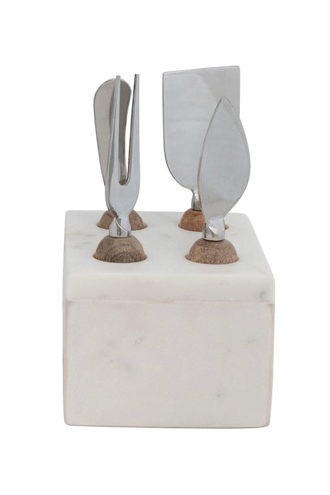 Creative Co-Op Stainless Steel Cheese Servers with Mango Wood Handles & Marble Stand White & Natural Set of 5