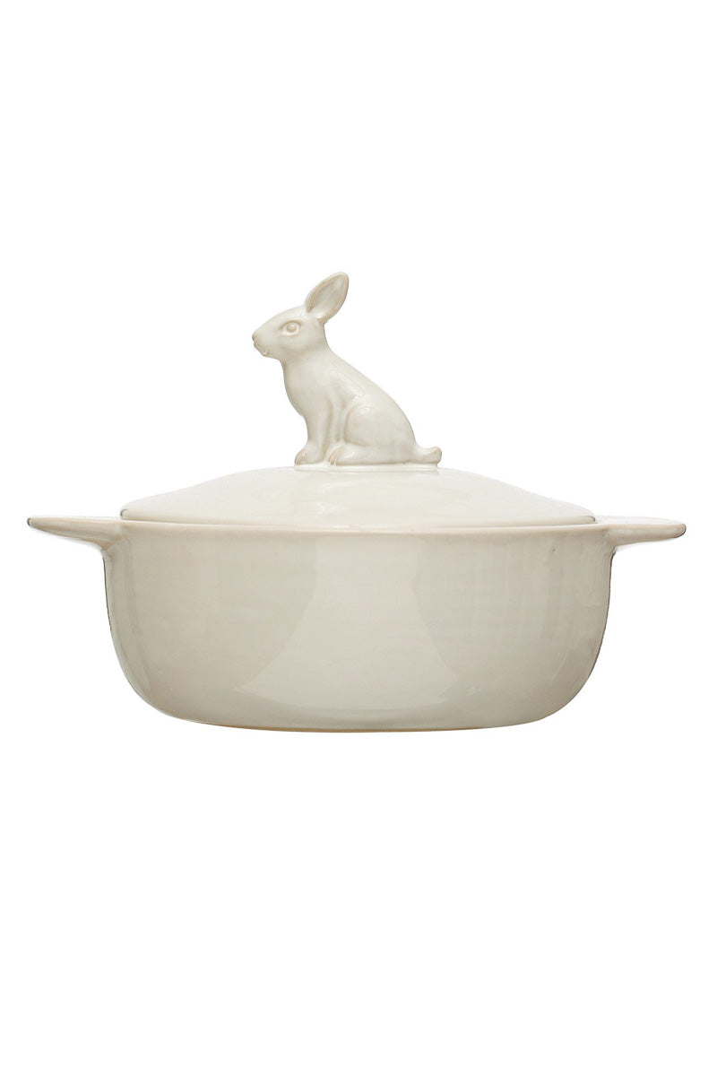 Creative Co-Op Stoneware Baker with Rabbit Finial White