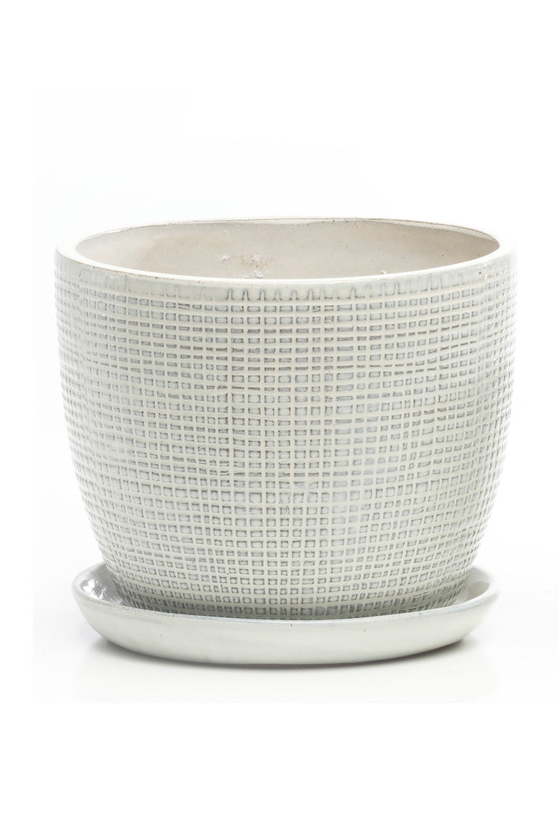 Alfresco Cotton Grand Pin Check Planter with Saucer 11.5" Off White