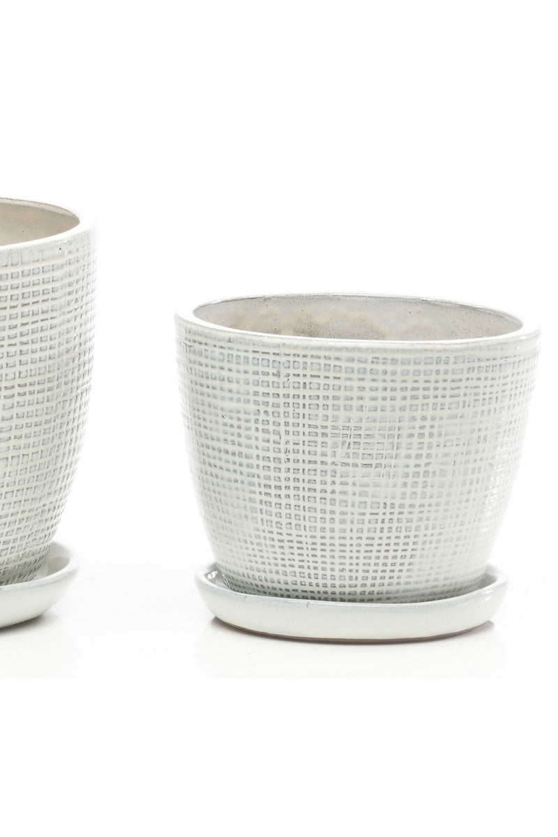 Alfresco Cotton Grand Pin Check PLanter with Saucer 9.25" Off White