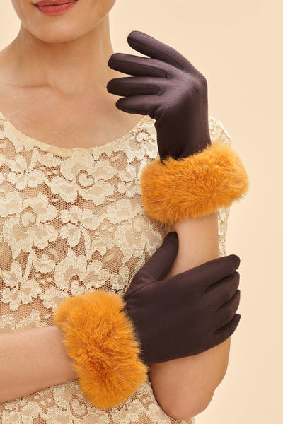 Powder Design Faux Fur Cuff Gloves Bettina Two Tone Chocolate & Mustard