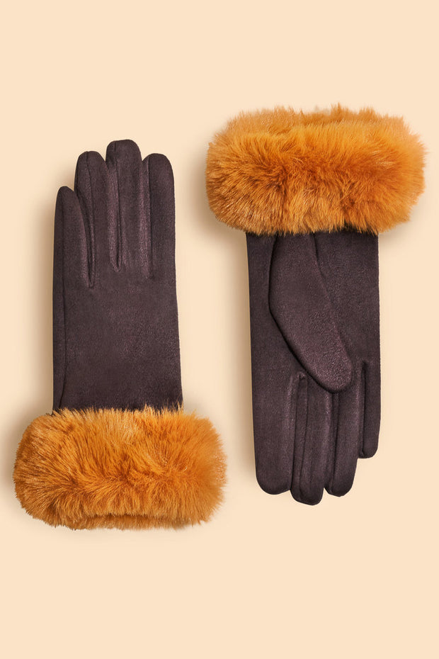 Powder Design Faux Fur Cuff Gloves Bettina Two Tone Chocolate & Mustard