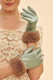 Powder Design Faux Fur Cuff Gloves Two Tone Sage & Teddy