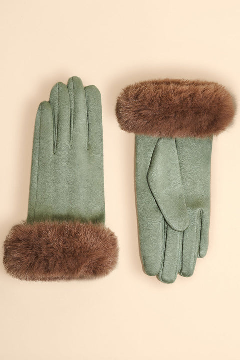 Powder Design Faux Fur Cuff Gloves Two Tone Sage & Teddy