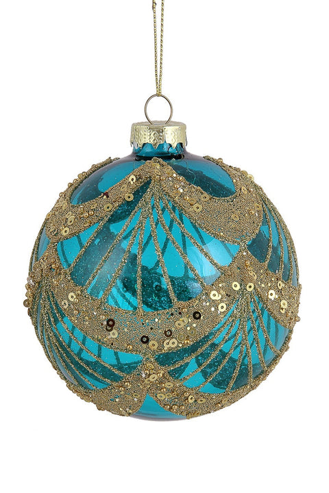 Beaded Festoon Ball Ornament 4" Aqua Gold