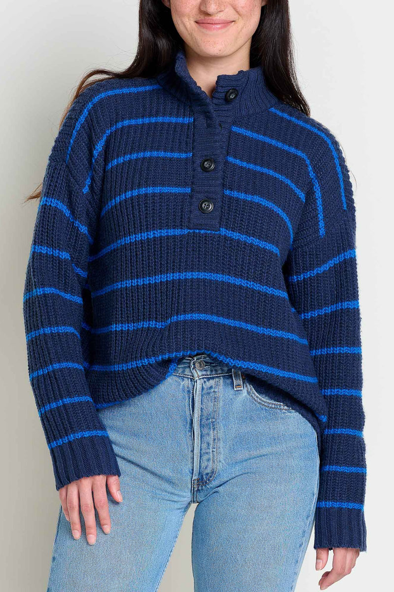 Toad & Co Women's Moss Point Henley Sweater Nautical Stripe Small