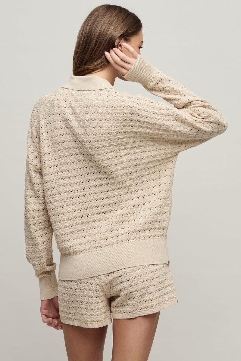Barefoot Dreams Heathered Cotton Tulip Pointelle Collared Pullover Large Stone