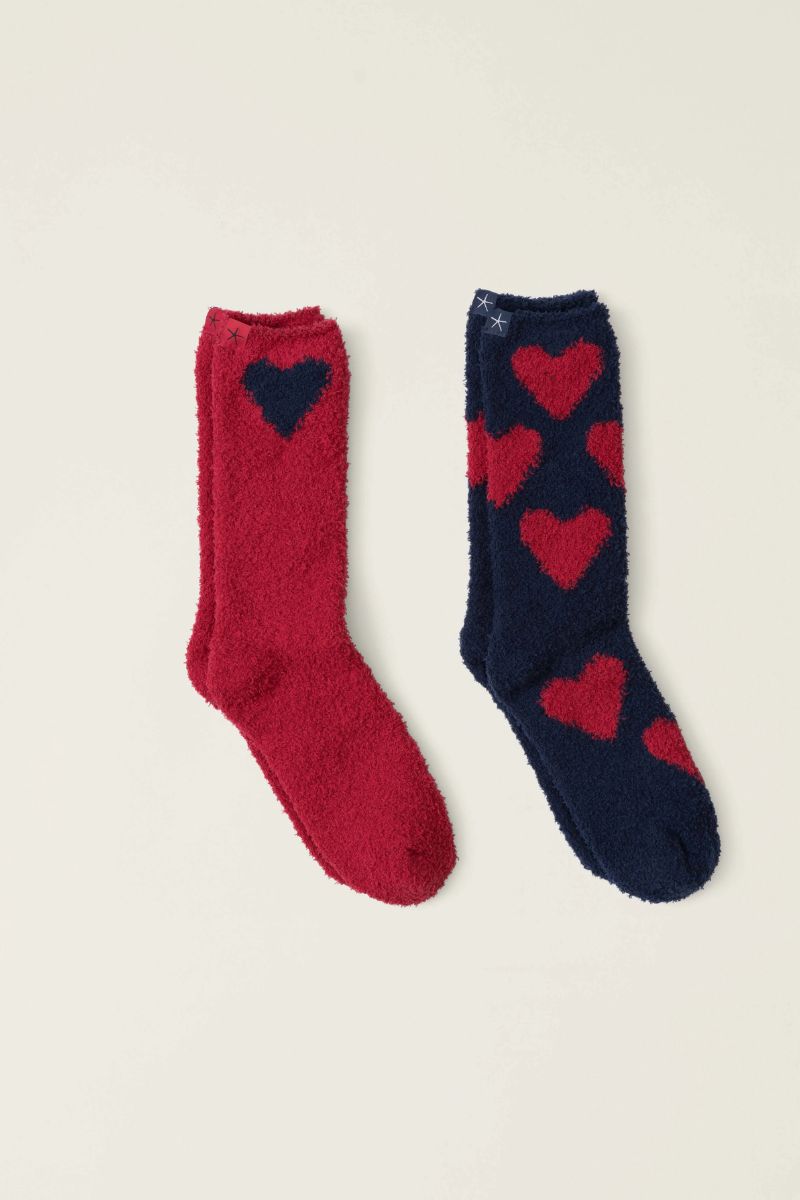 Barefoot Dreams Cozycchic Heart Print Sock Set Marine-Scarlet