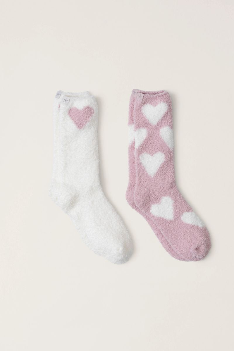 Barefoot Dreams Cozychic Heart Print Sock Set Pink Peonie-Pearl