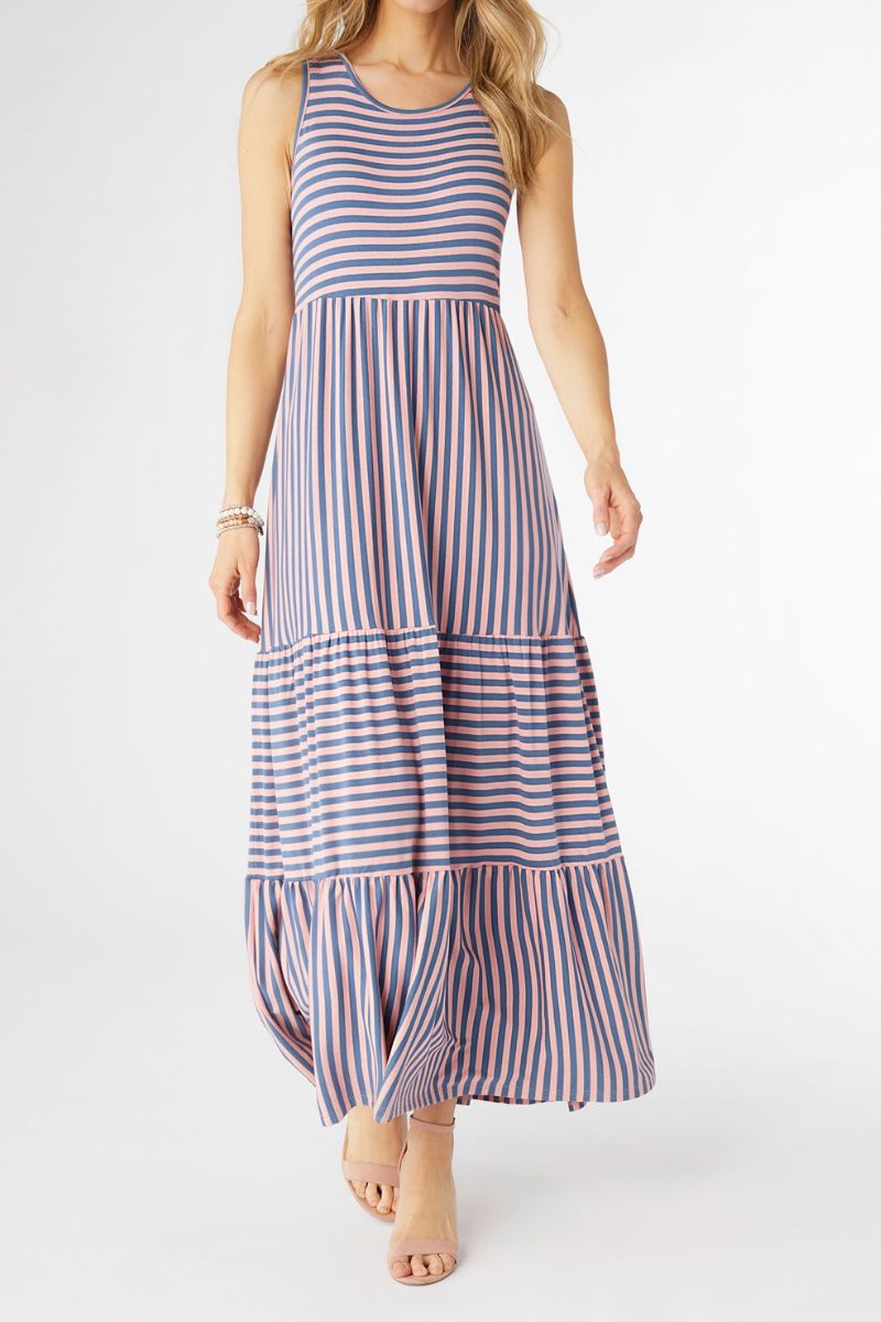 Janie Striped Tiered Maxi Dress Large/Extra Large Pink/Blue