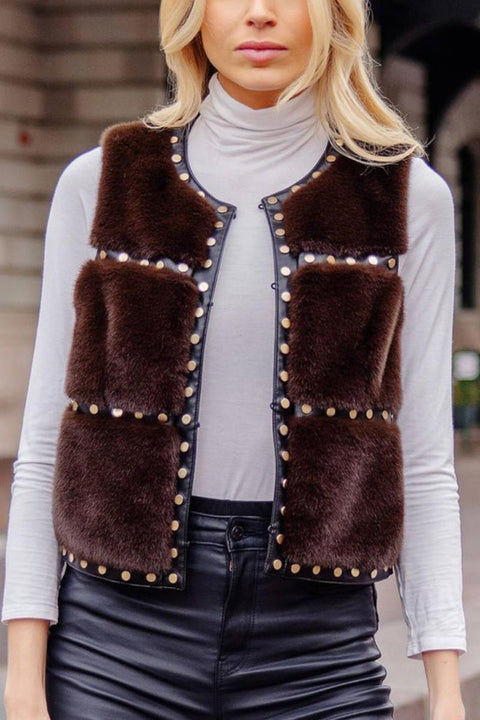 Fabulous Furs Faux Fur Giselle Studded Vest Large Espresso