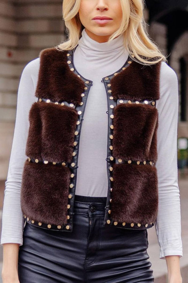 Fabulous Furs Faux Fur Giselle Studded Vest Large Espresso