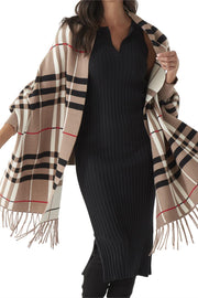 K&K Plaid Wrap with Sleeves Taupe & Cream Black