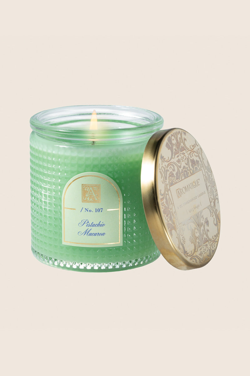 Aromatique Pistachio Macaroon Textured Glass Candle with Metal Lid 6 oz