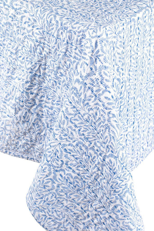 Caspari | Blue Block Print Leaves | Reversible Kantha Table Cover