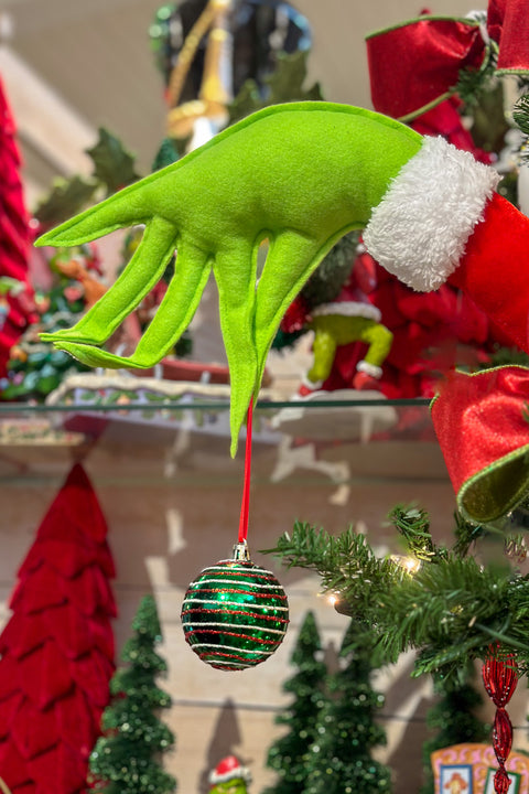 Grinch Hand with Ball Ornament on Stick 14" Red Green