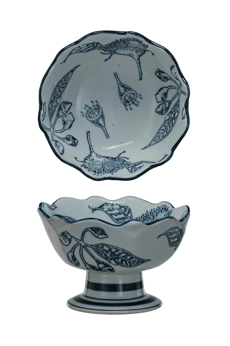 Creative Co-Op Footed Stoneware Bowl with Botanicals