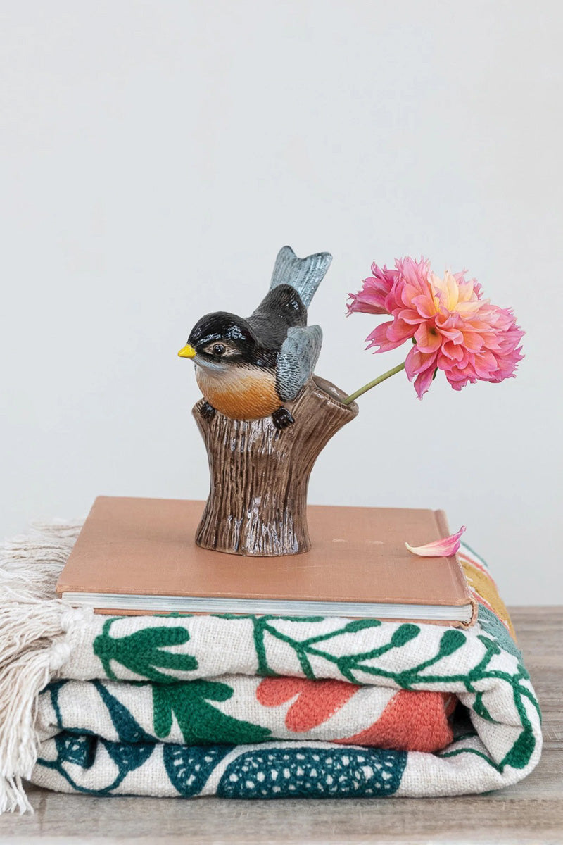 Creative Co-Op Stoneware Bird on Log Vase