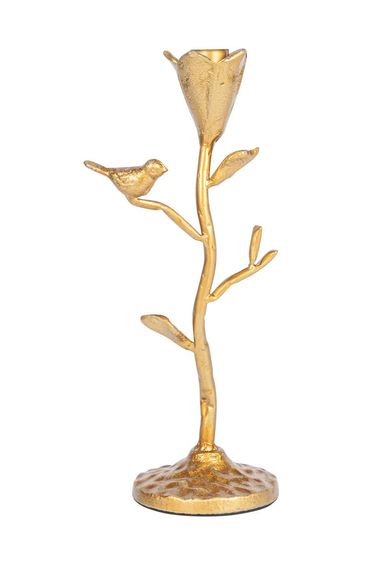 Creative Co-Op Forged Iron Taper Holder with Flowers & Bird 11"
