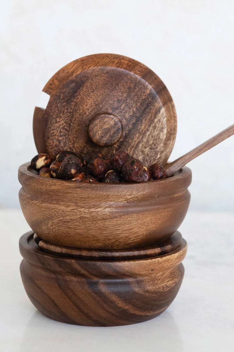 Creative Co-Op Acacia Wood Covered Bowl with Spoon Set