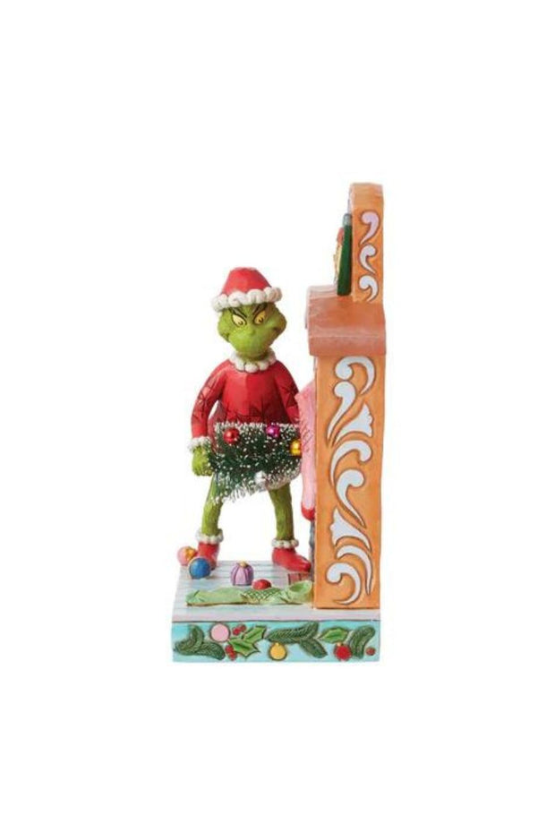 Jim Shore Grinch Figurine Grinch Pushing Christmas Tree up Fireplace