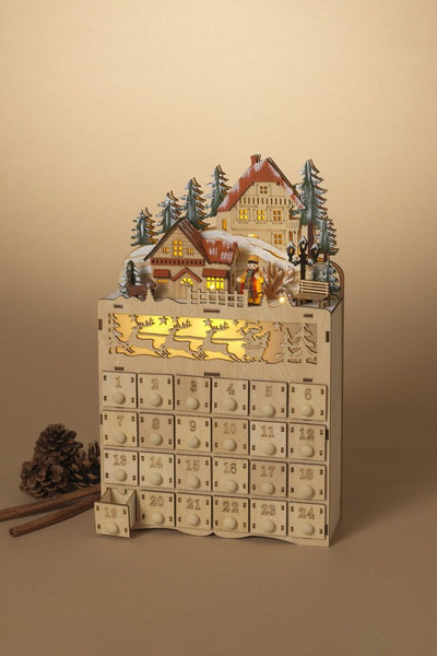 Lighted Holiday Wood Village Advent Calendar 14"