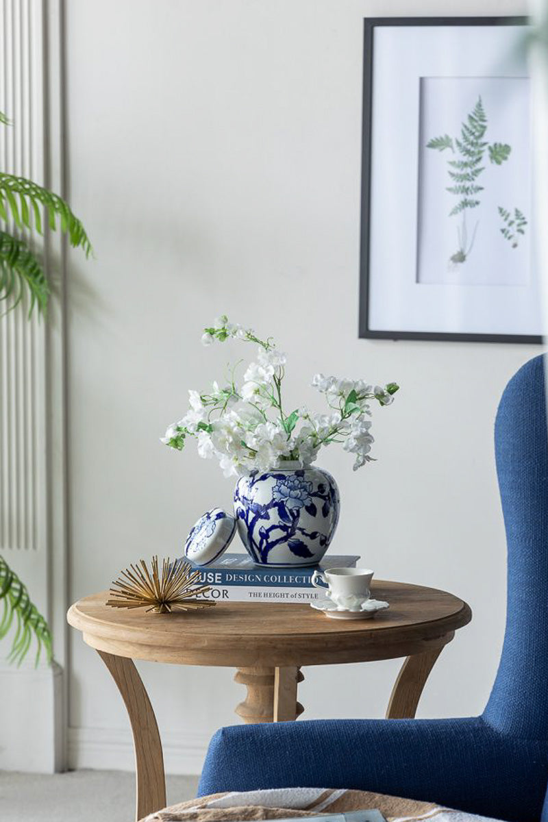 Magnolia Pattern Jar with Lid 6.5"X7.5" Blue & White