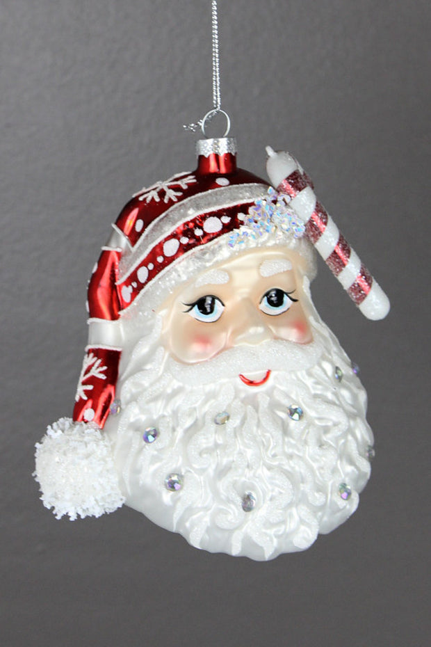 Glass Santa face Ornament 6.25" Red White