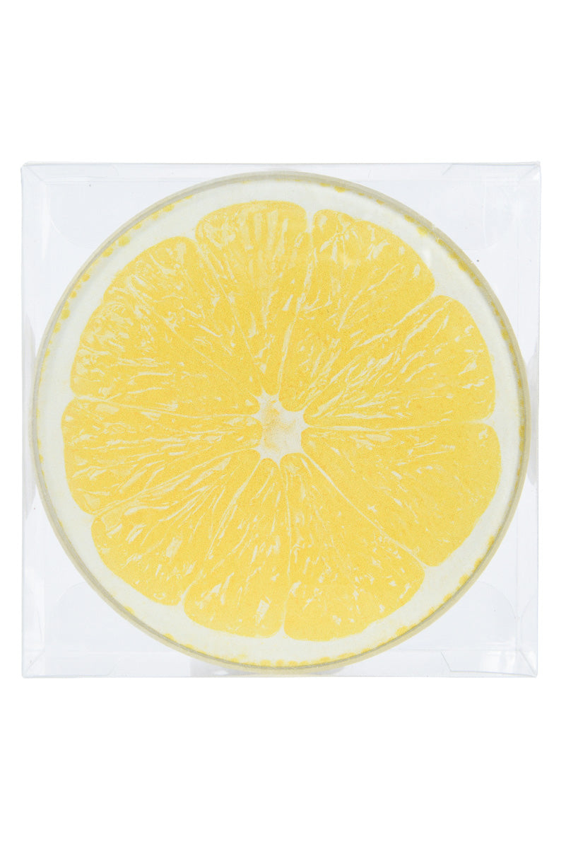 COASTER GLASS ROUND LEMON PRNT