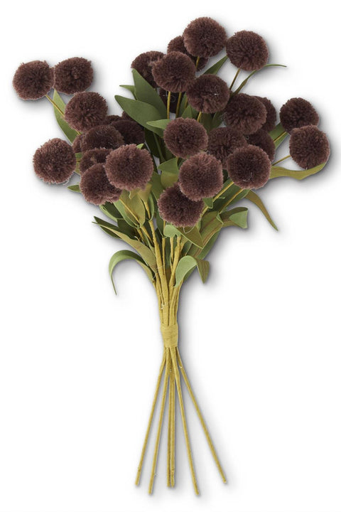 Faux Dark Brown Pompom Bundle with Green Eva Leaves 13"