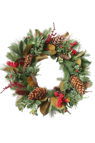 Holly Mix Pine Wreath 26" Red Green