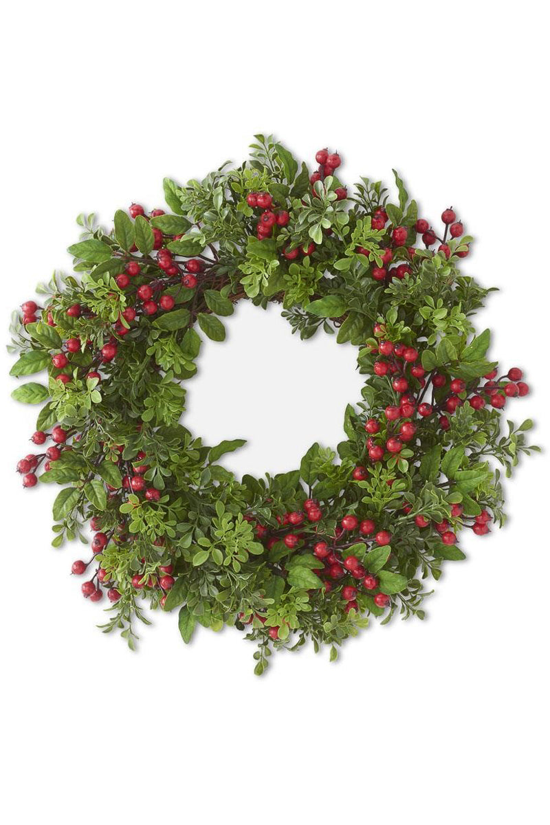 Faux Mixed Boxwood and Red Berry Wreath 24"