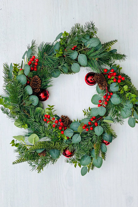 Pine, Berries, Pinecones, Eucalyptus and Jingle Bell Wreath 22"