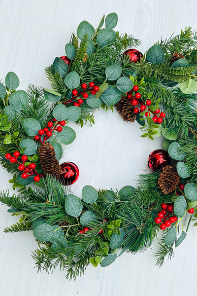 Pine, Berries, Pinecones, Eucalyptus and Jingle Bell Wreath 22"