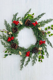 Red White Green Mixed Pine Berry Pinecone Wreath 16"