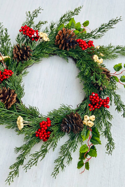 Red White Green Mixed Pine Berry Pinecone Wreath 16"