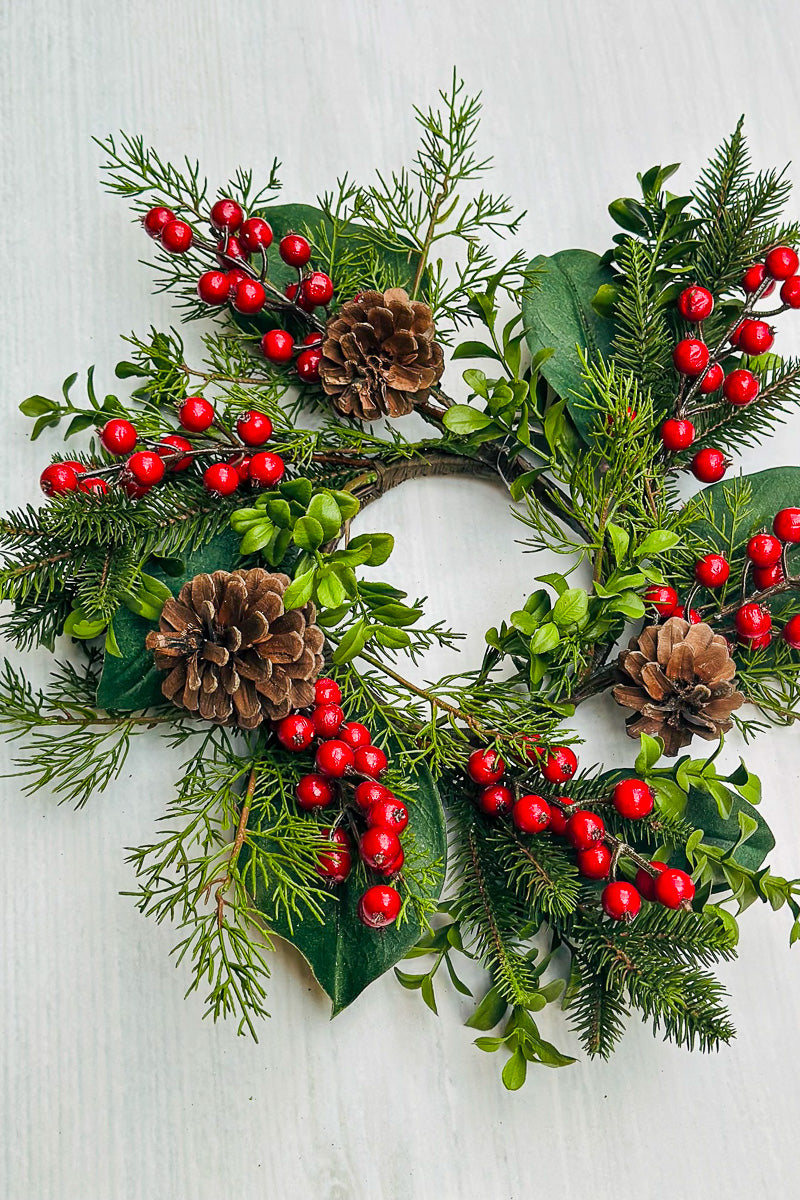 Magnolia Boxwood Fir Candle Ring with Red Berries and Pinecones 15"