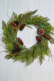 Faux Flocked Incense Cedar Cone Wreath 24" Light Two Tone Green