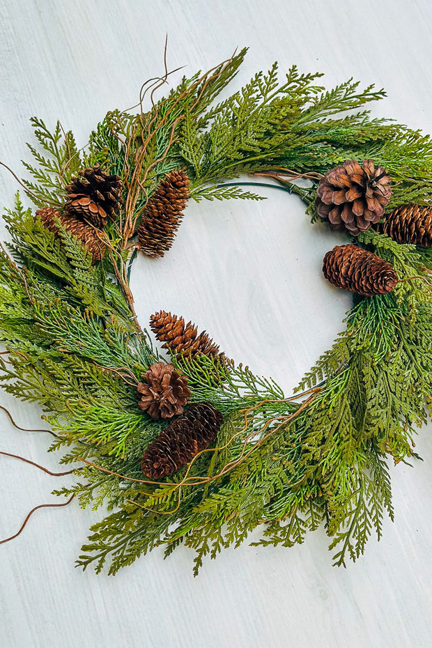 Faux Flocked Incense Cedar Cone Wreath 24" Light Two Tone Green