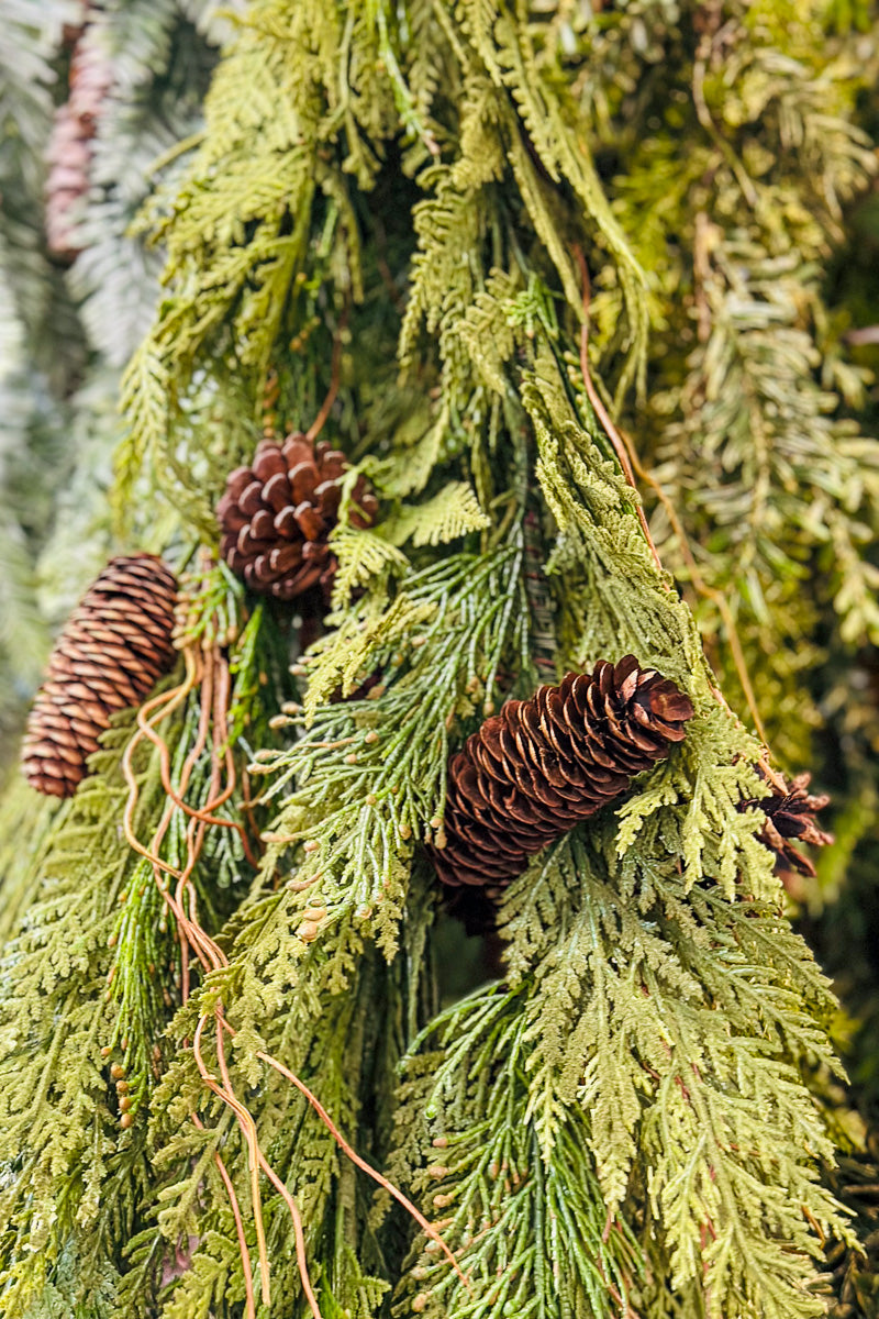 Faux Flocked Incense Cedar Cone Garland 6' Light Two Tone Green