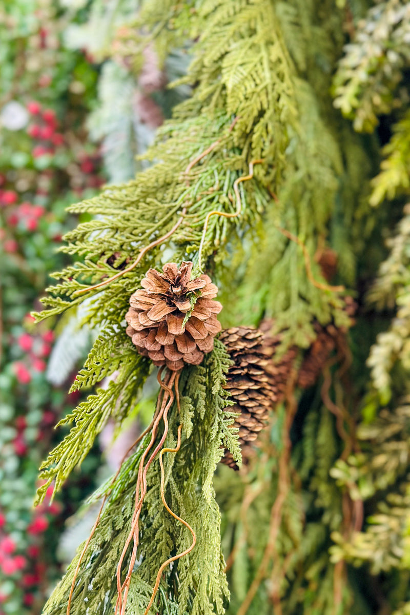 Faux Flocked Incense Cedar Cone Garland 6' Light Two Tone Green