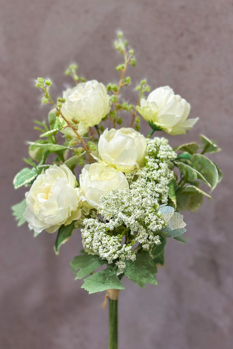 Faux Ranunculus, Angelica, Herb Bouquet 16" White Green