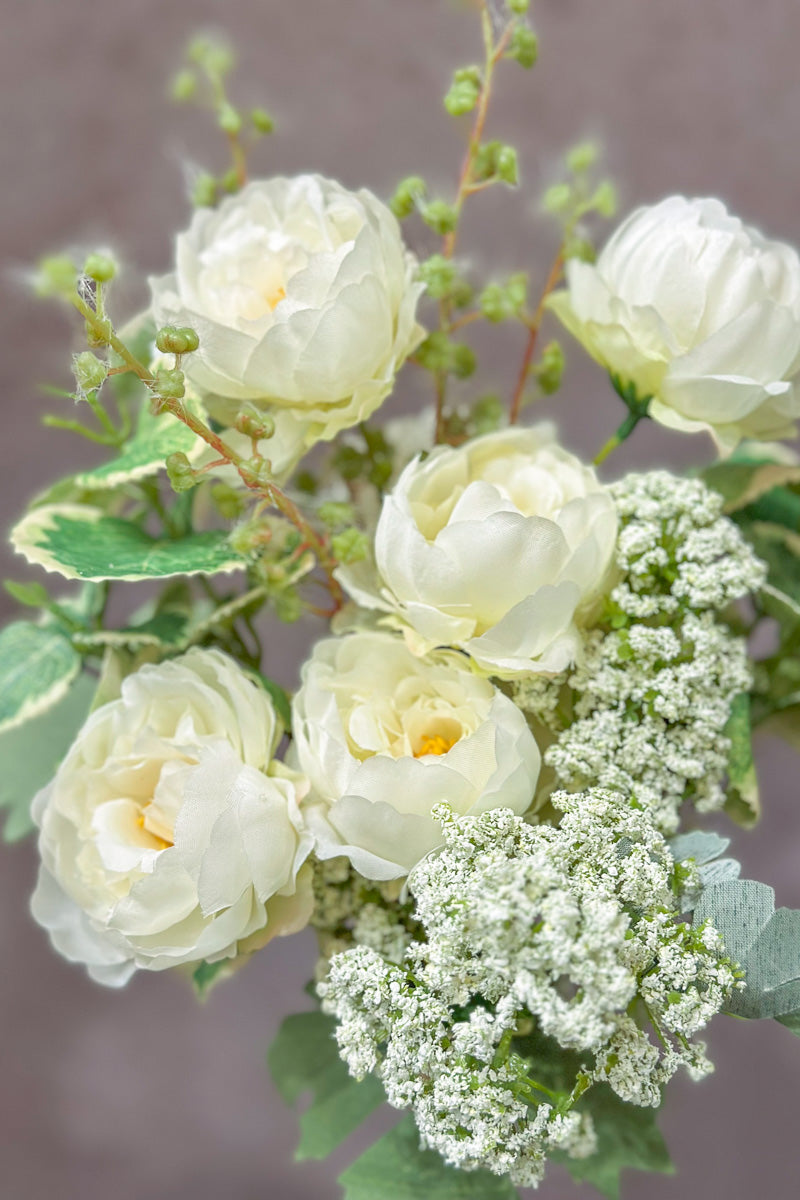 Faux Ranunculus, Angelica, Herb Bouquet 16" White Green