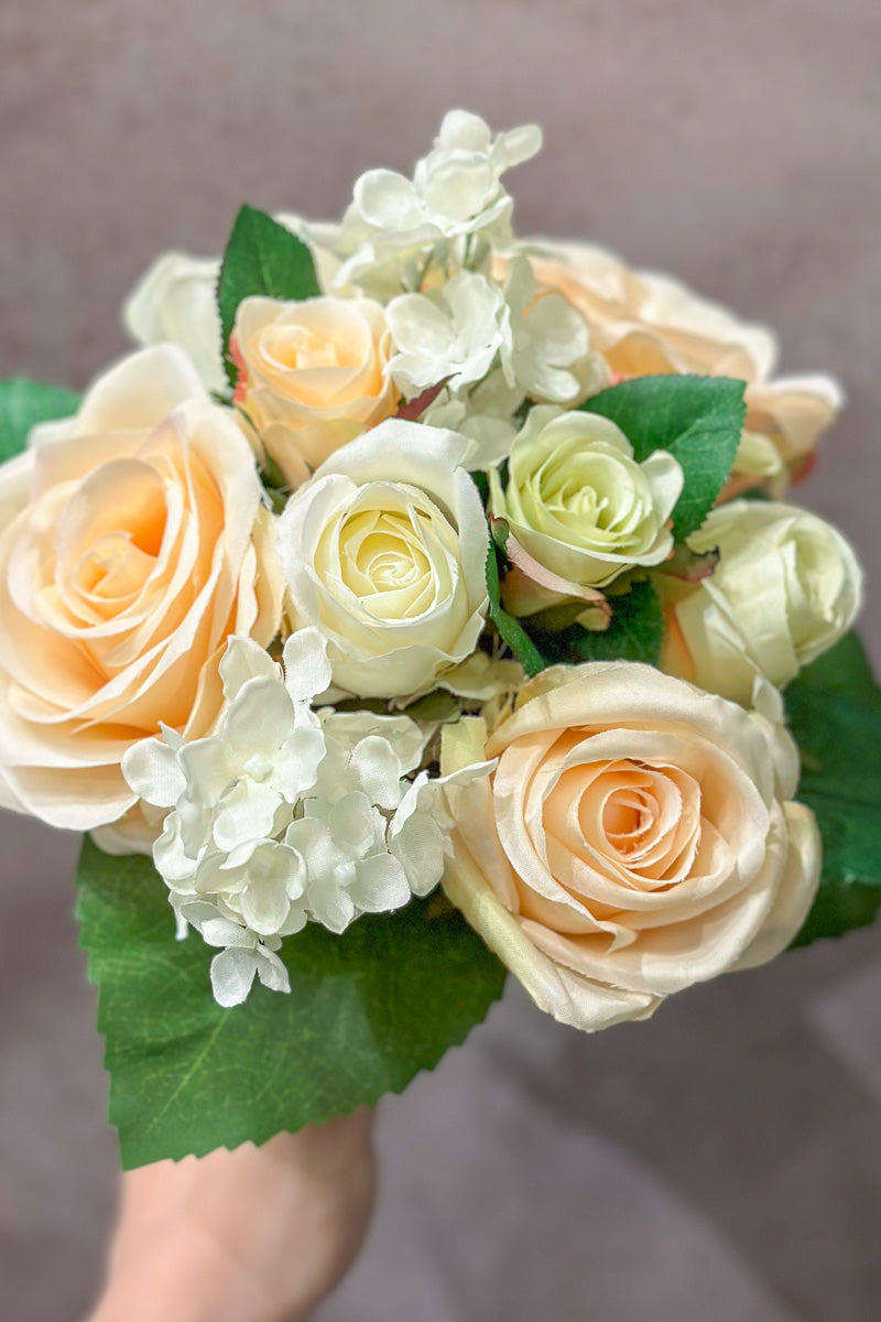 Faux Hydrangea, Rose Bouquet 11.5" Peach Cream